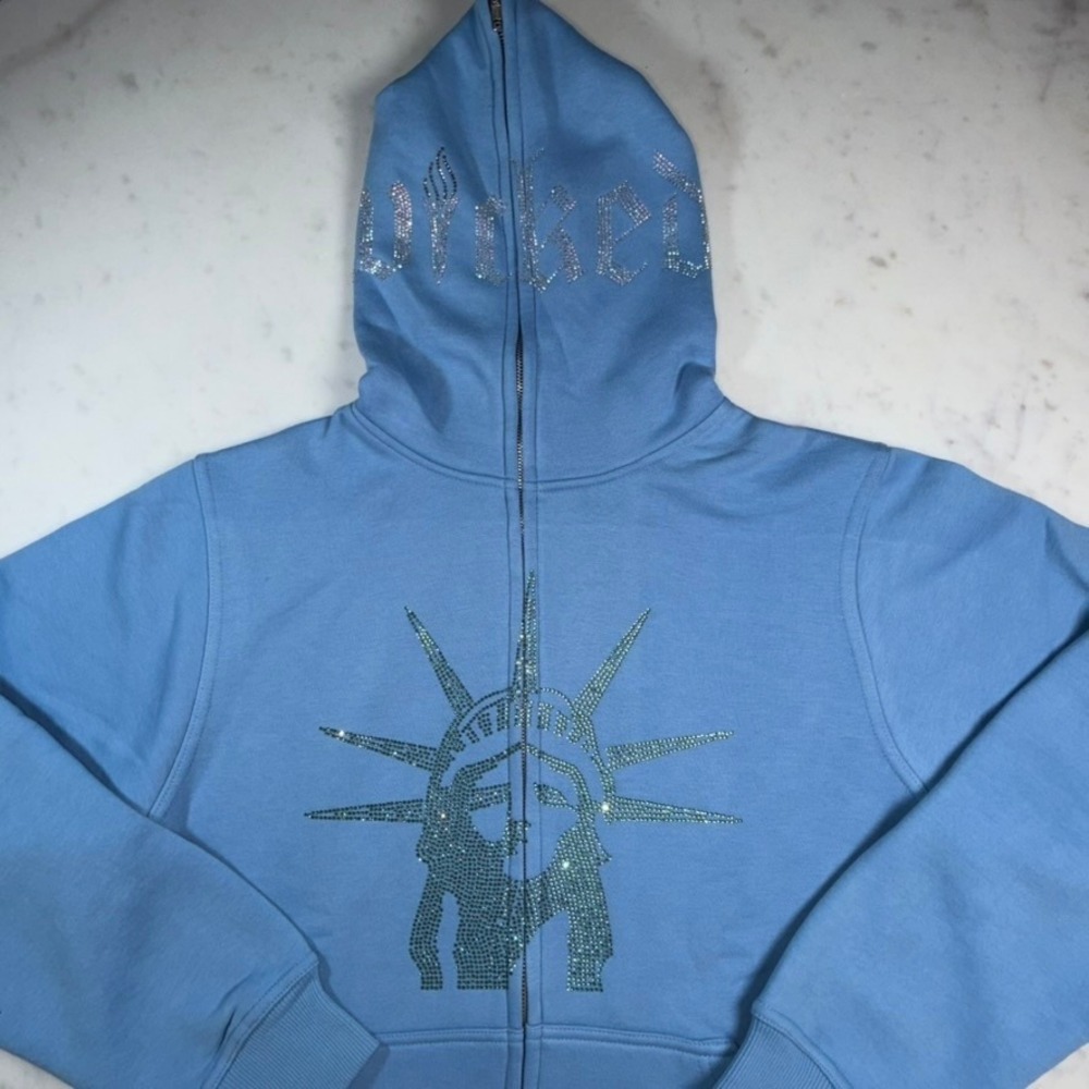 Wicked Statue of Liberty Rhinestone Full Zip Hoodie Mens XL Blue Excellent Y2K‎